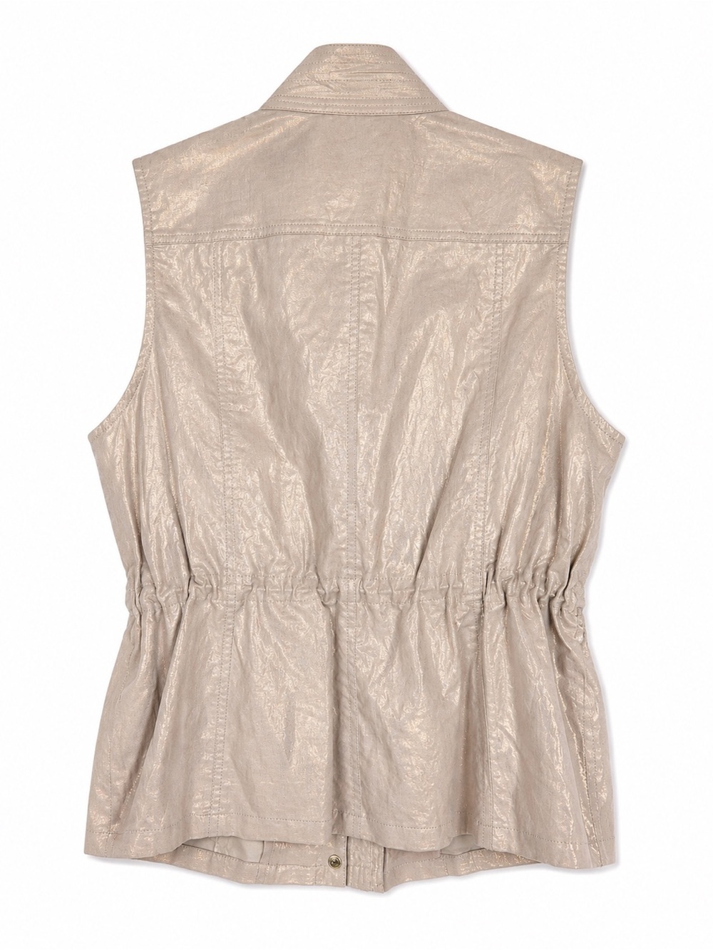 Chico’s Size 2 Linen Cotton Metallic Utility Safari Vest Gold Beige Pockets - Picture 6 of 11